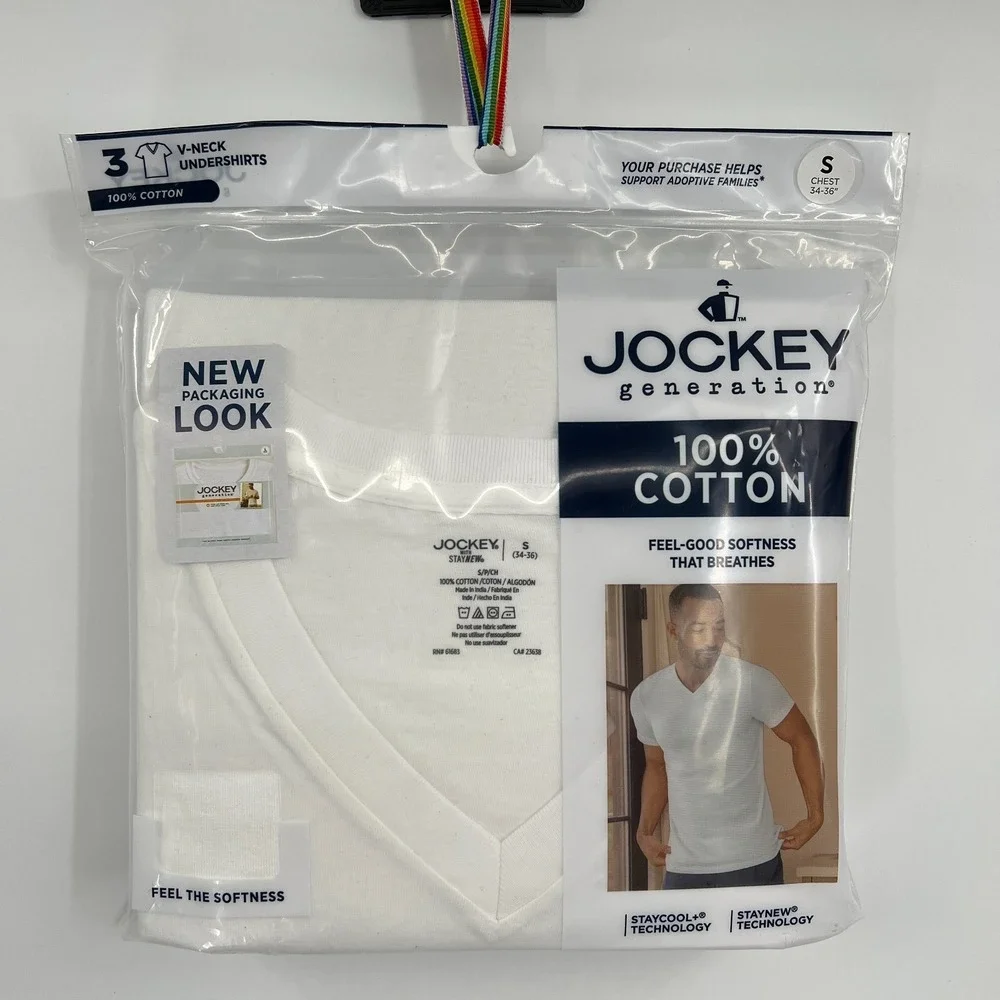 NEW Jockey generation 100% cotton white v-neck staycool undershirts 3 pack S